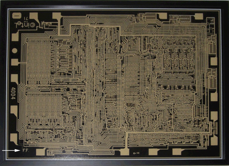 Framed picture of the 4004: gift from Intel to Federico Faggin in occasion of the 40th birthday of the first microprocessor